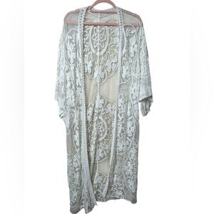 Boho White‎ Embroidered Sheer Lace Kimono Duster - One Size